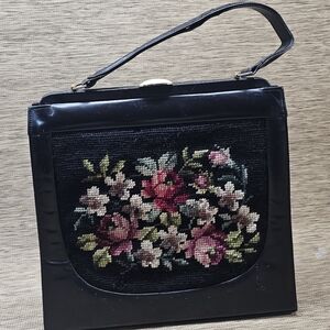 Vintage Embroidered Black Leather and Floral Women's Bag